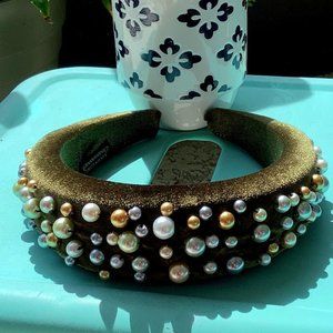 Headband Handmade Decorated Green Pearls